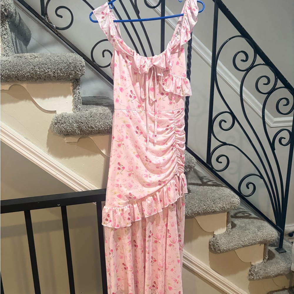 Pink Floral Ruffle Maxi Dress